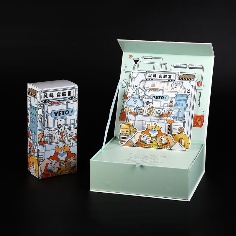 Şarap Şişesi Mıknatısları Flap Paneli İçin Kitap Şekli FSC Lüks Sert 3D Pop Up Karton Kutu
